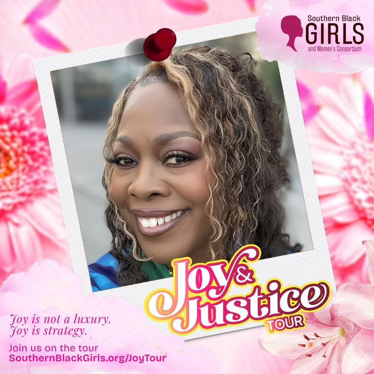 Example Joy and Justice Tour social media frame with the message Joy is not a luxury, joy is strategy
